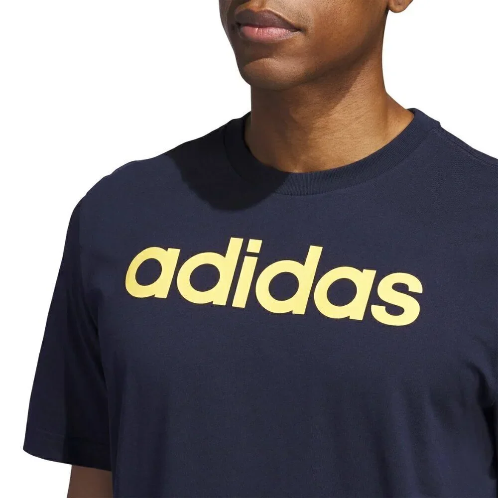 adidas Mens Graphic Tee Navy Blue with Yellow Logo Spellout Stretch 100% Cotton